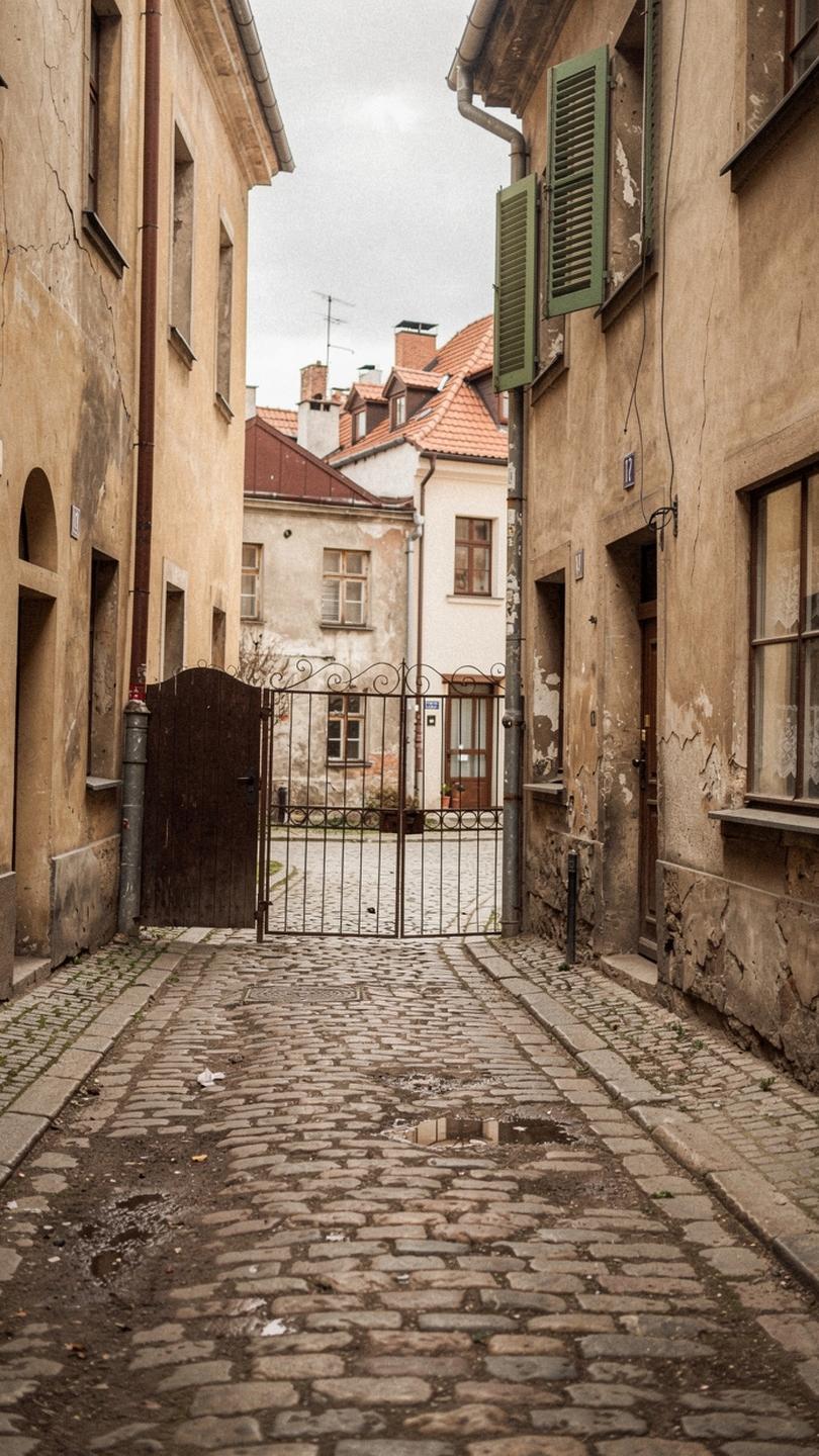 Cobbled lane in the Kazimierz district of Kraków, stone townhouses on both sides under an overcast sky