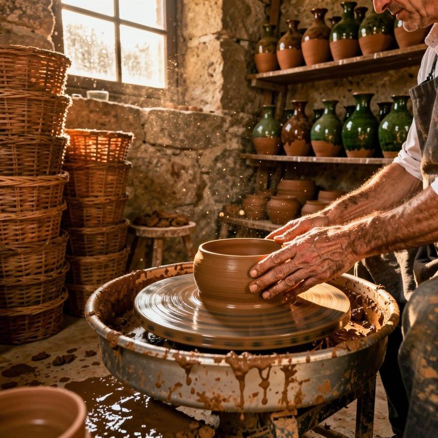 A ceramicist shaping a clay bowl beside a stall of woven baskets